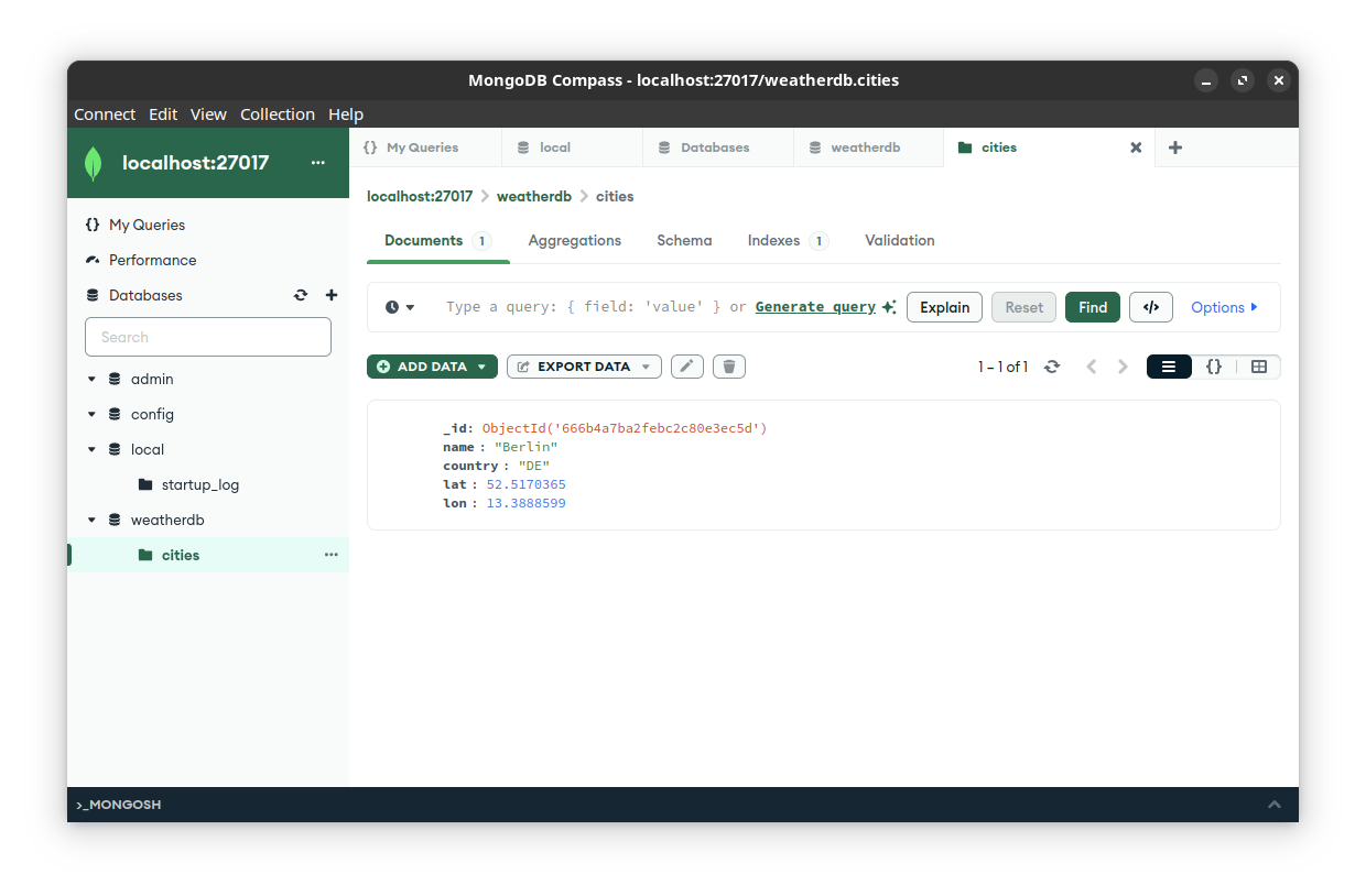 screenshot of mongodb compass gui